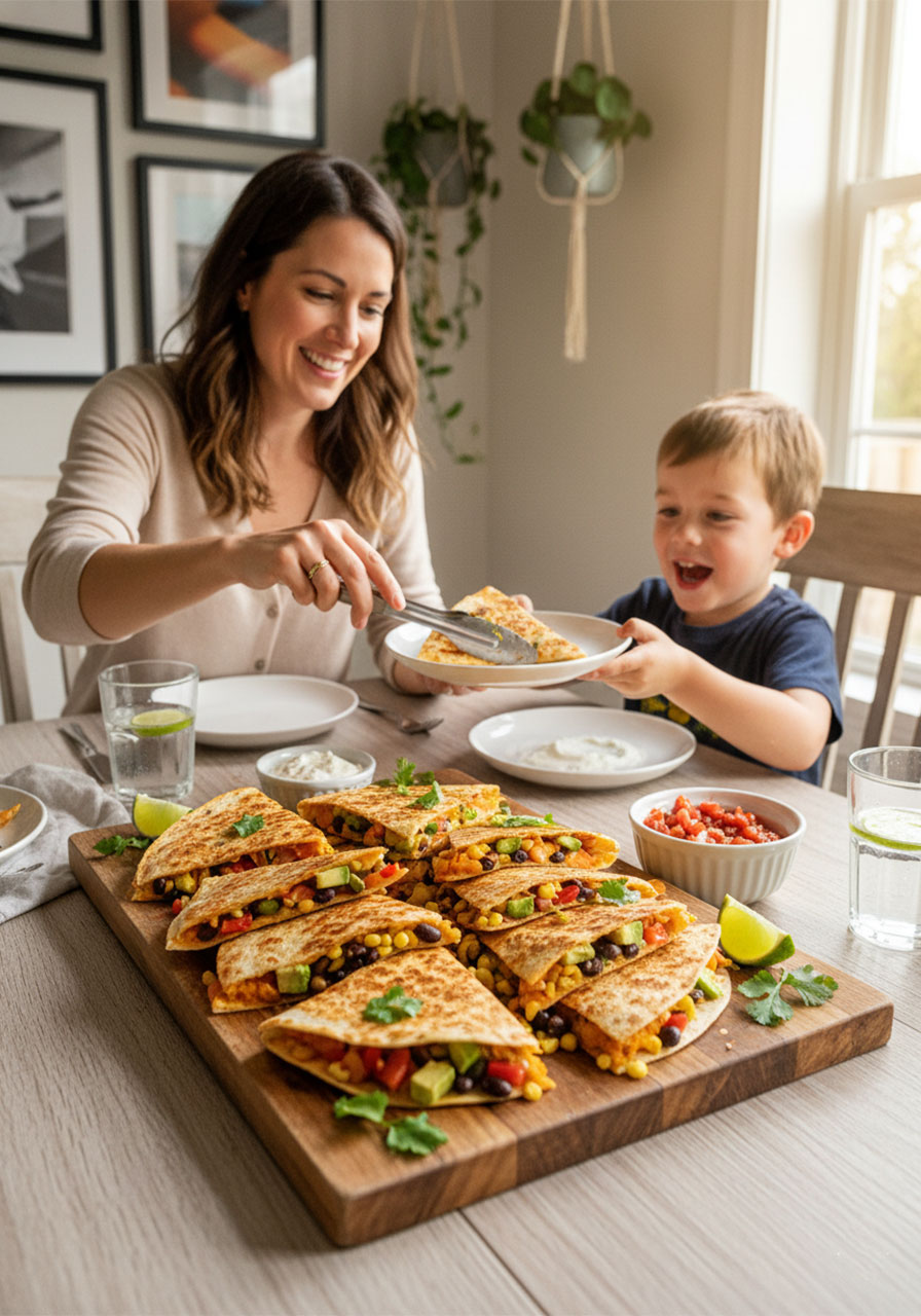 Mom serving sweet potato black bean quesadilla triangles to her child at a warm cozy family dinner table