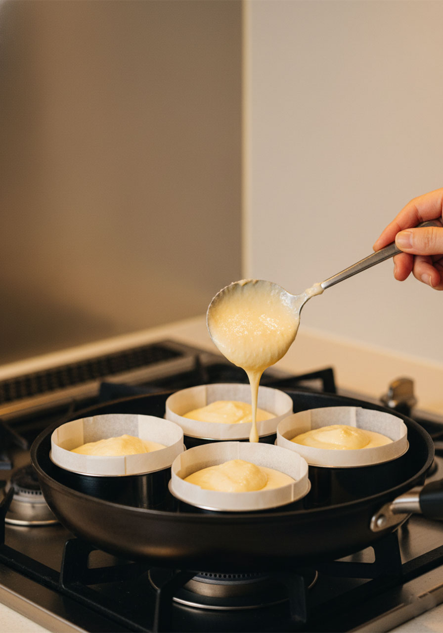 Hand spooning vegan Japanese pancake batter into stainless steel ring molds placed in a non-stick skillet on stovetop, filled 70 percent full