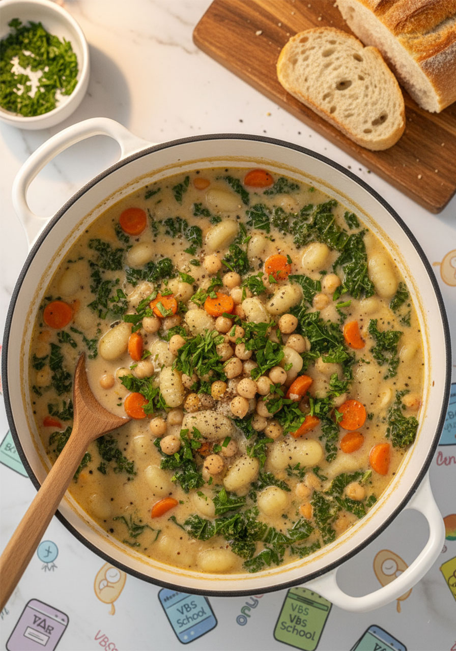 Finished pot of creamy vegan chickpea gnocchi soup ready to serve, garnished with parsley and vegan Parmesan