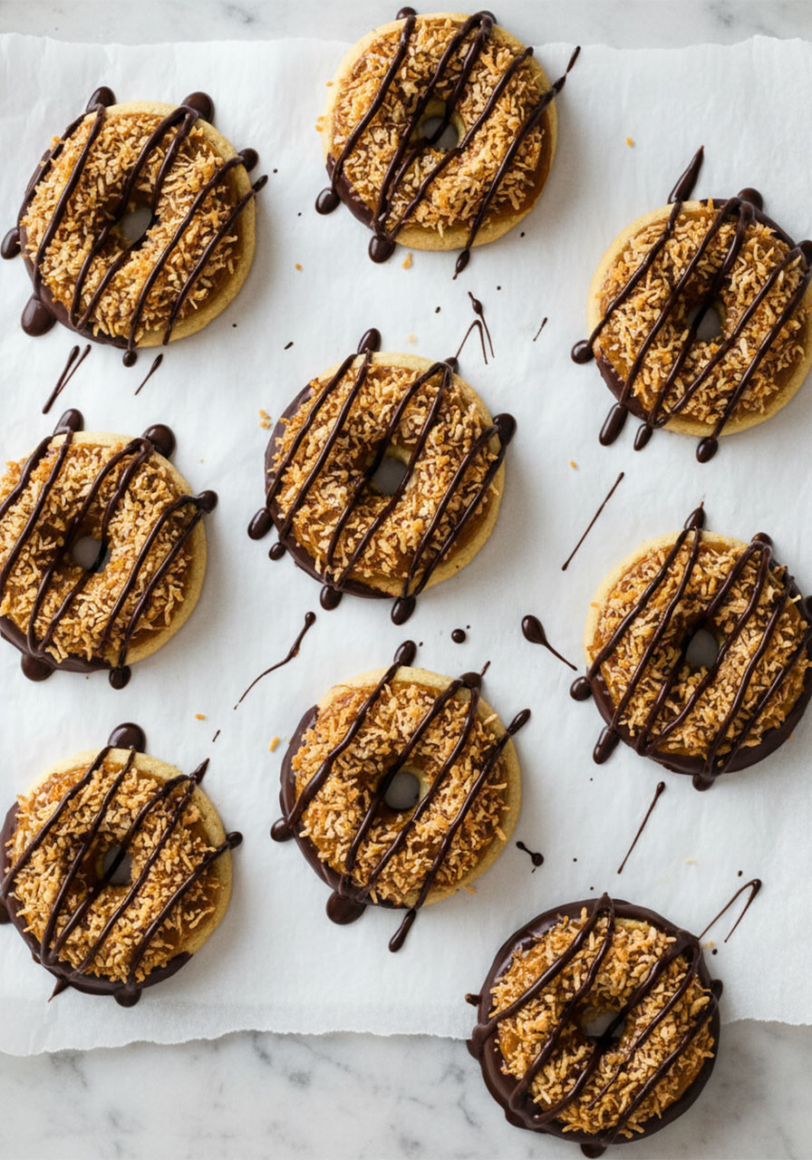 Finished healthy vegan Samoa cookies on parchment with dark chocolate drizzle and toasted coconut ready to freeze