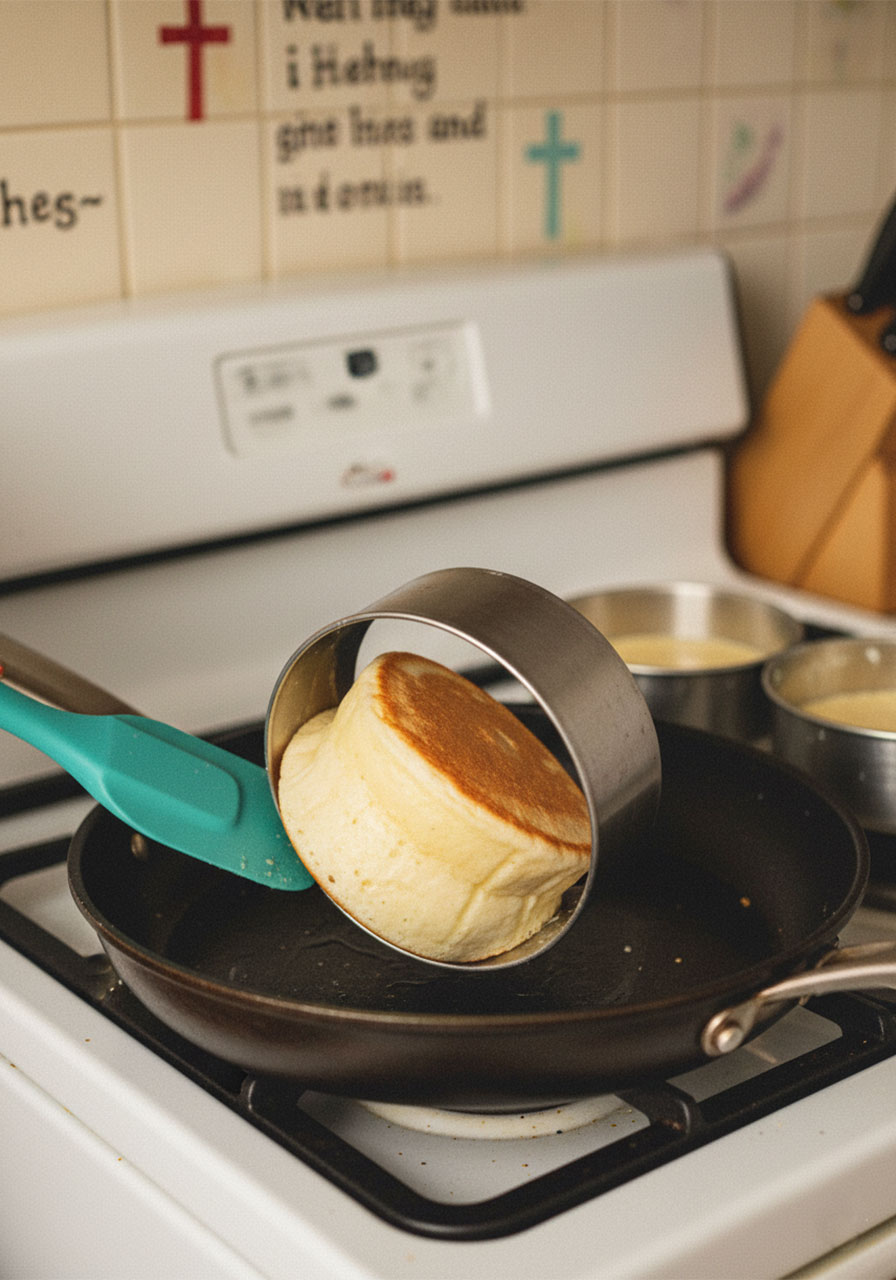 Wide spatula flipping a fluffy vegan Japanese pancake in its stainless steel ring mold inside a skillet, showing golden-brown bottom mid-flip