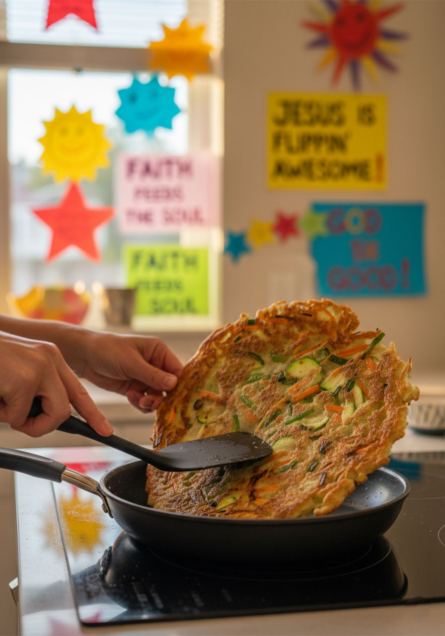 Flipping a crispy golden-brown Korean vegetable pancake with a spatula in a non-stick pan revealing perfectly cooked underside