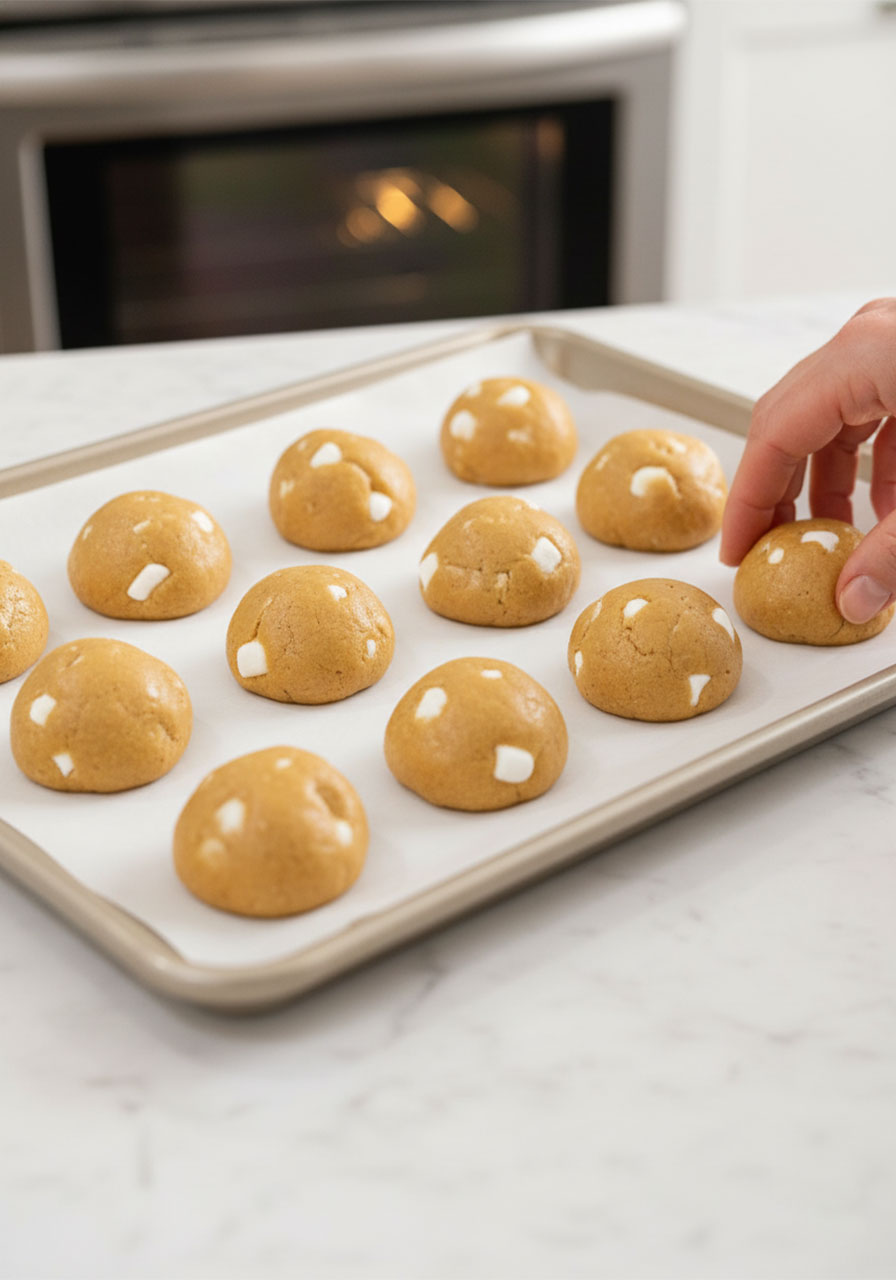 Vegan fluffernutter cookie dough balls with mini marshmallows placed on parchment-lined baking sheet ready to bake