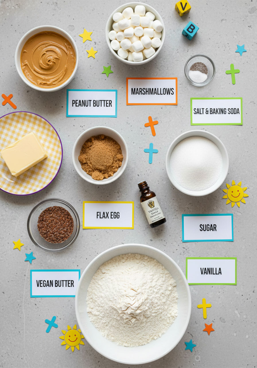 Flat lay of all vegan fluffernutter cookie ingredients including peanut butter, mini marshmallows, vegan butter, and flour in white prep bowls