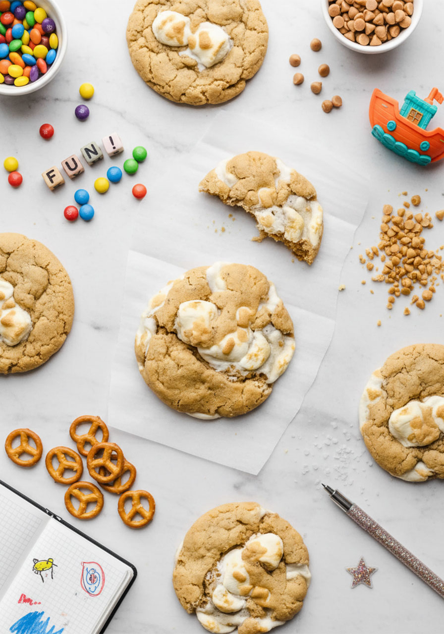 Fluffernutter cookie mix-in variation ideas including mini chocolate chips, peanut butter chips, pretzels, and flaky sea salt