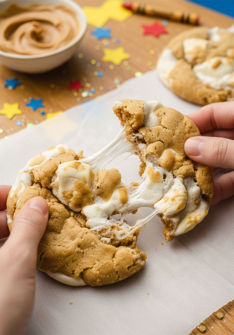 Vegan fluffernutter cookie pulled apart showing gooey melted marshmallow stretch inside peanut butter cookie