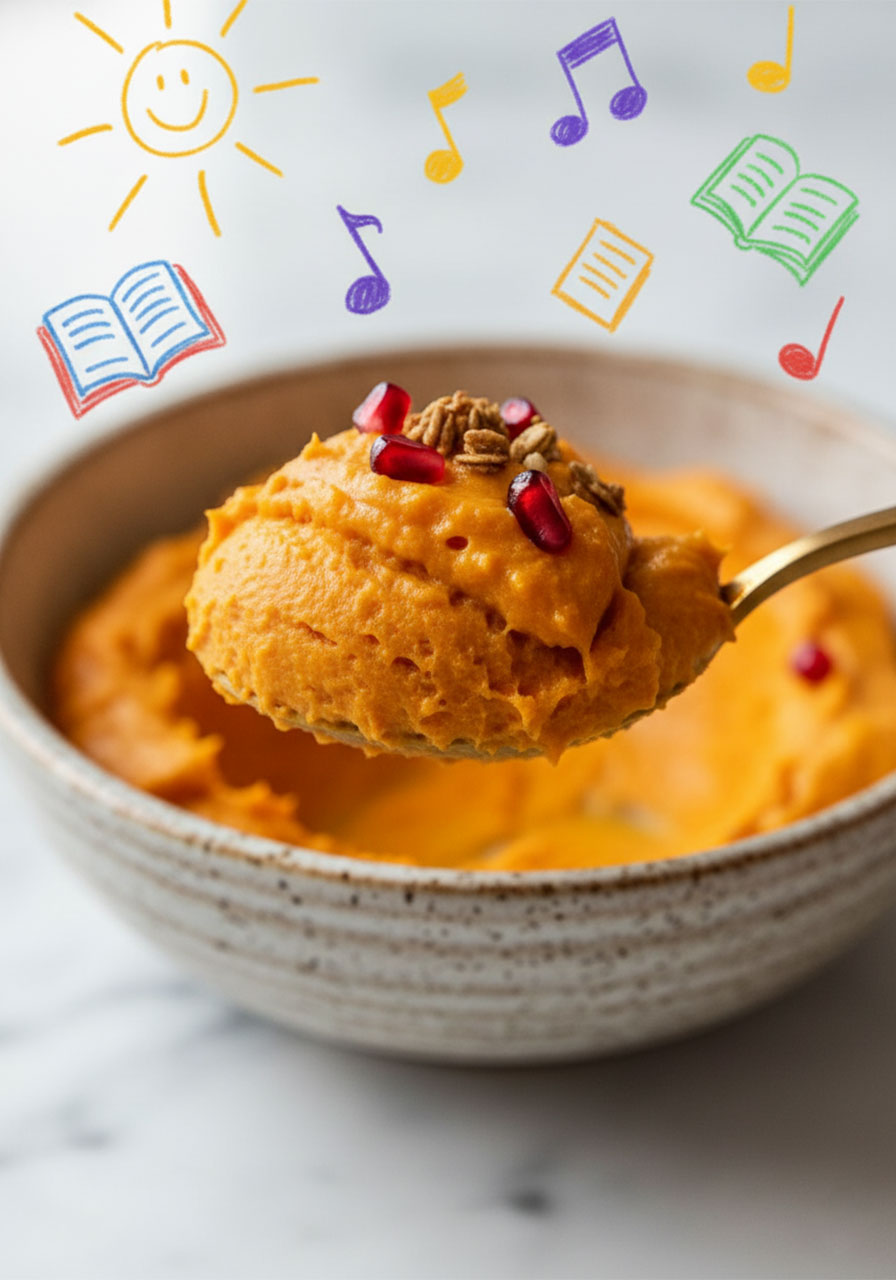 Close-up of a gold spoon lifting fluffy whipped sweet potato breakfast bowl mixture topped with pomegranate seeds and granola