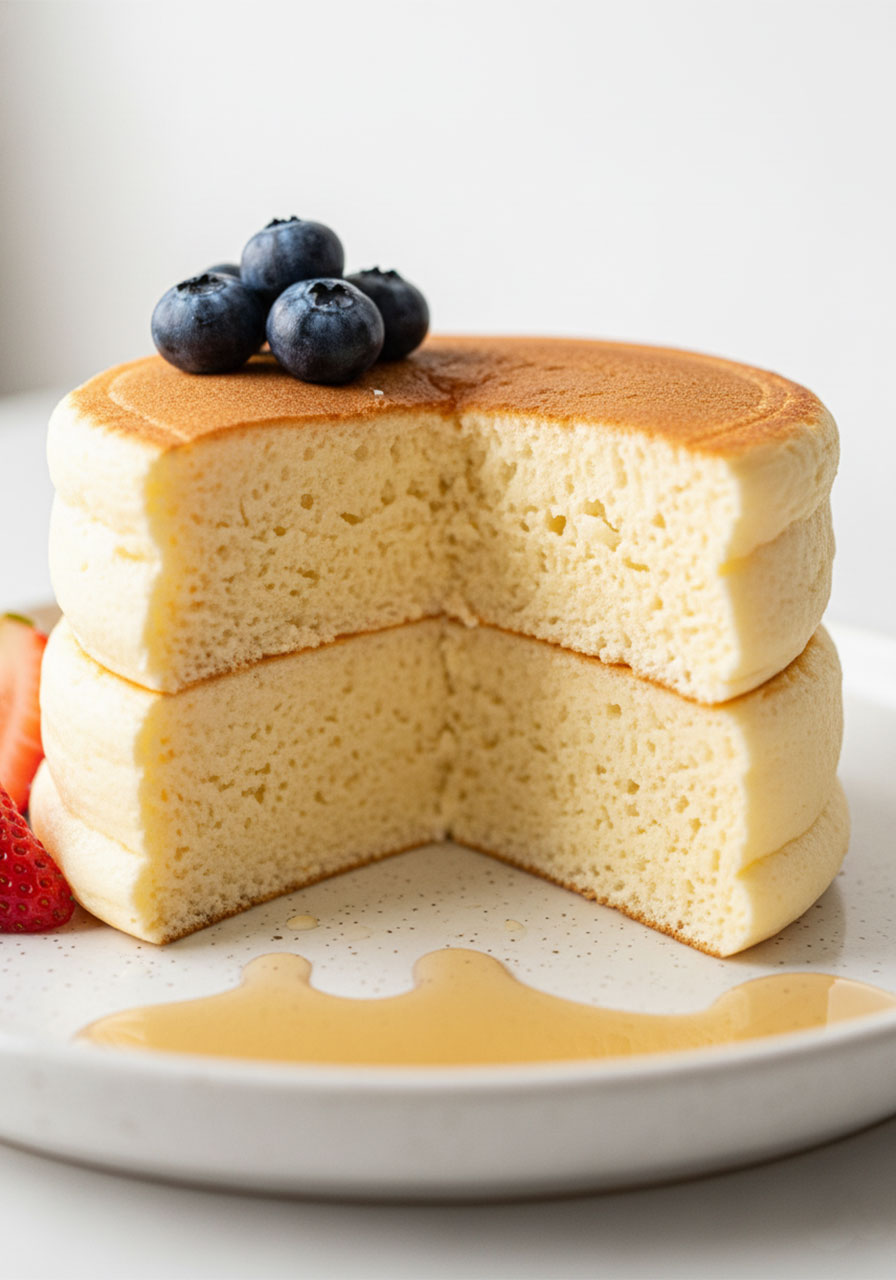 Cross-section of fluffy vegan Japanese pancake showing soft airy interior crumb texture, golden-brown crust, topped with blueberries and maple syrup