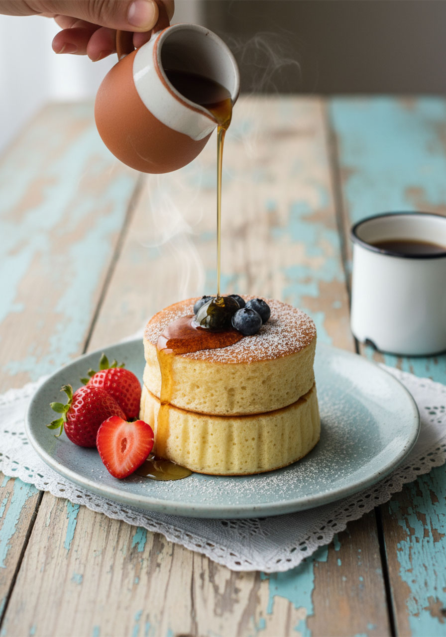 Fluffy vegan Japanese pancake on white plate with maple syrup being poured from above, topped with powdered sugar and fresh strawberries