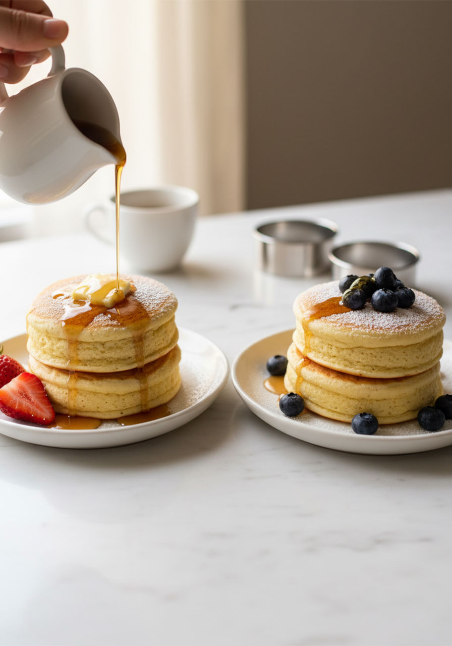 Two fluffy vegan Japanese pancakes styled with vegan butter, blueberries, strawberries, and maple syrup on white ceramic plates — dairy-free soufflé pancakes