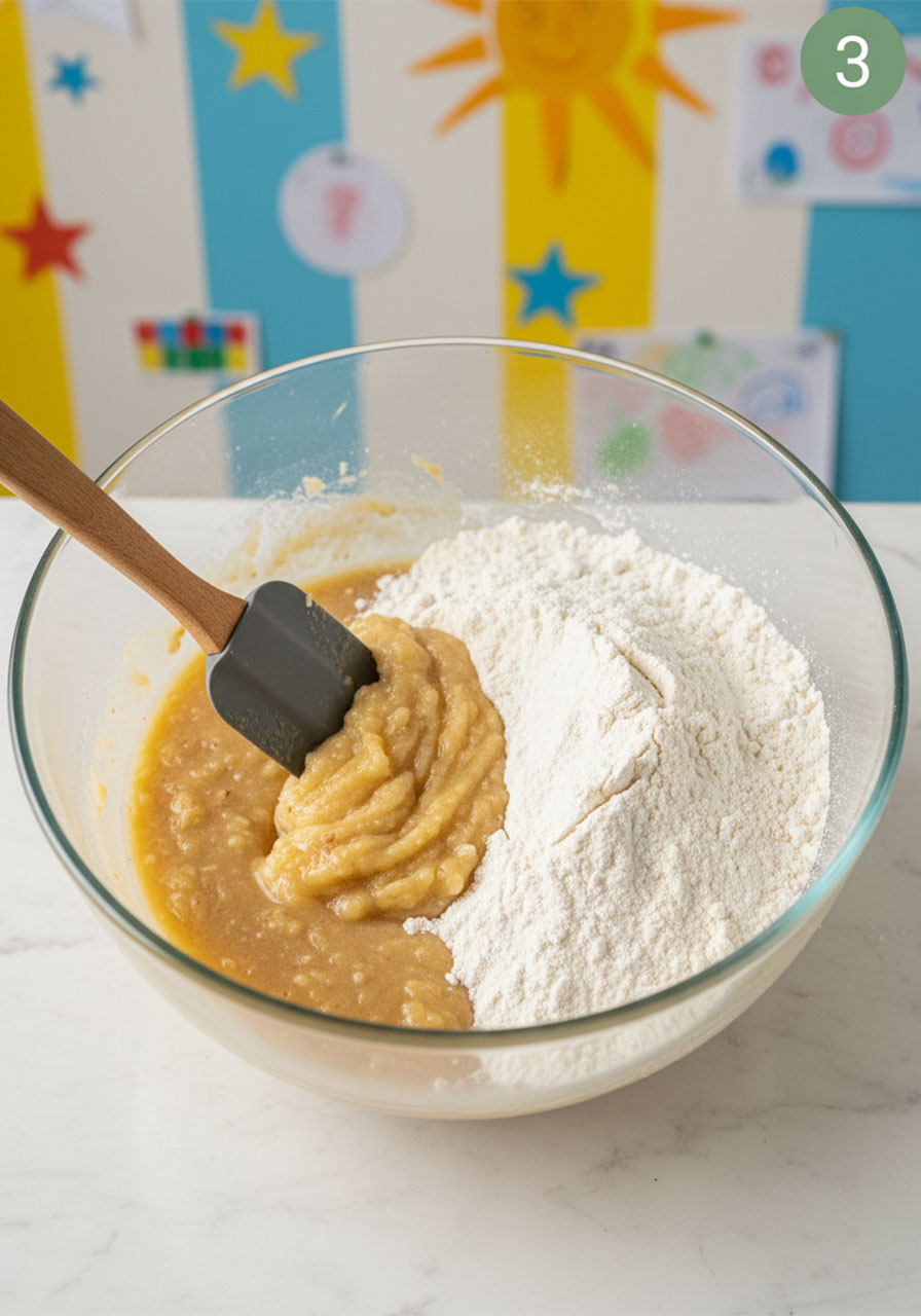 Folding dry flour mixture into wet banana mixture with a silicone spatula for vegan walnut banana bread step 3