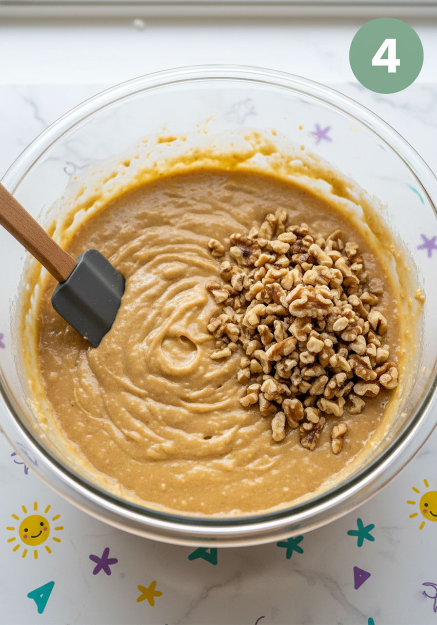 Folding chopped walnuts into vegan banana bread batter in a glass mixing bowl step 4