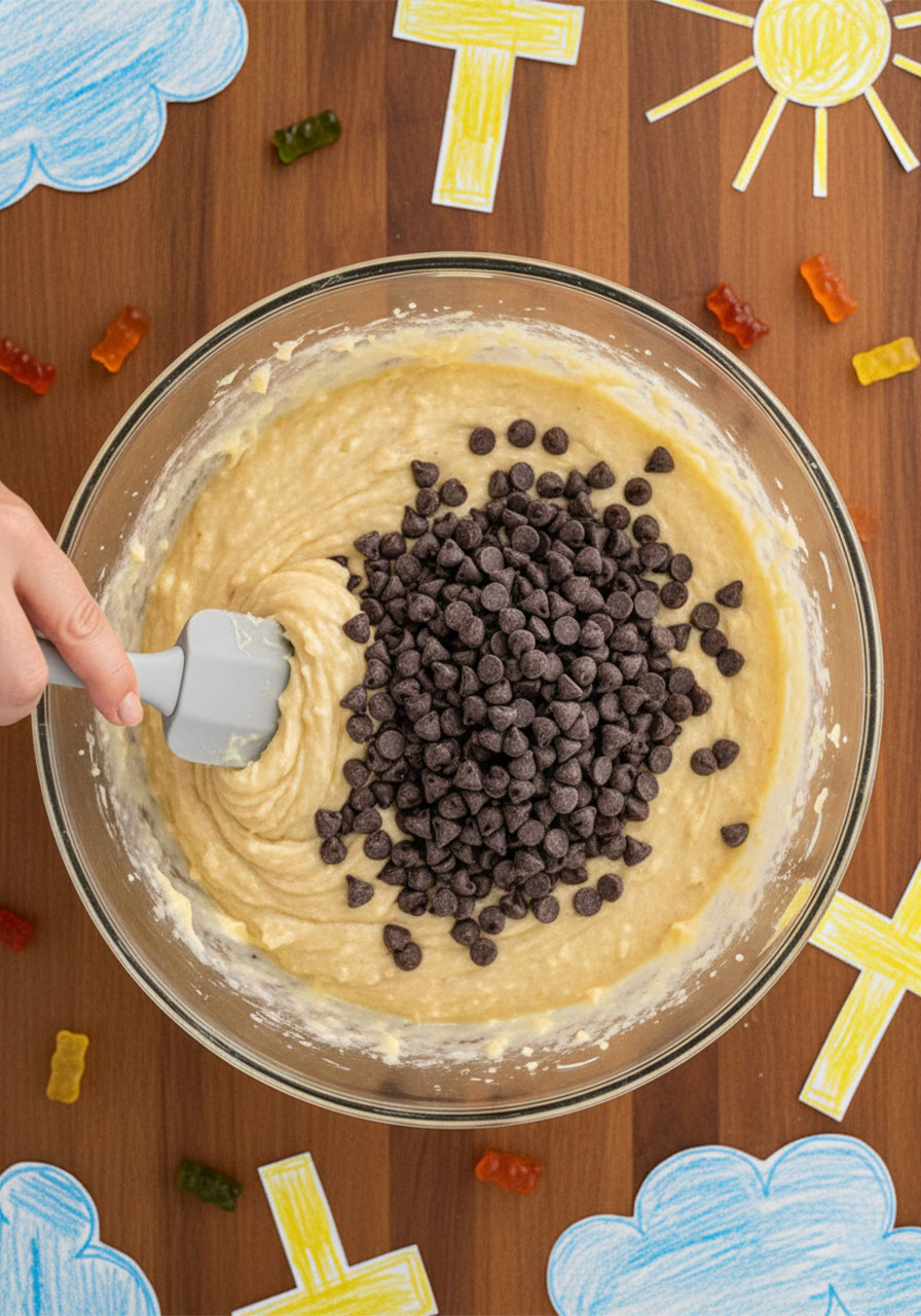 Overhead view of dark chocolate chips being folded into banana bread batter in a glass mixing bowl