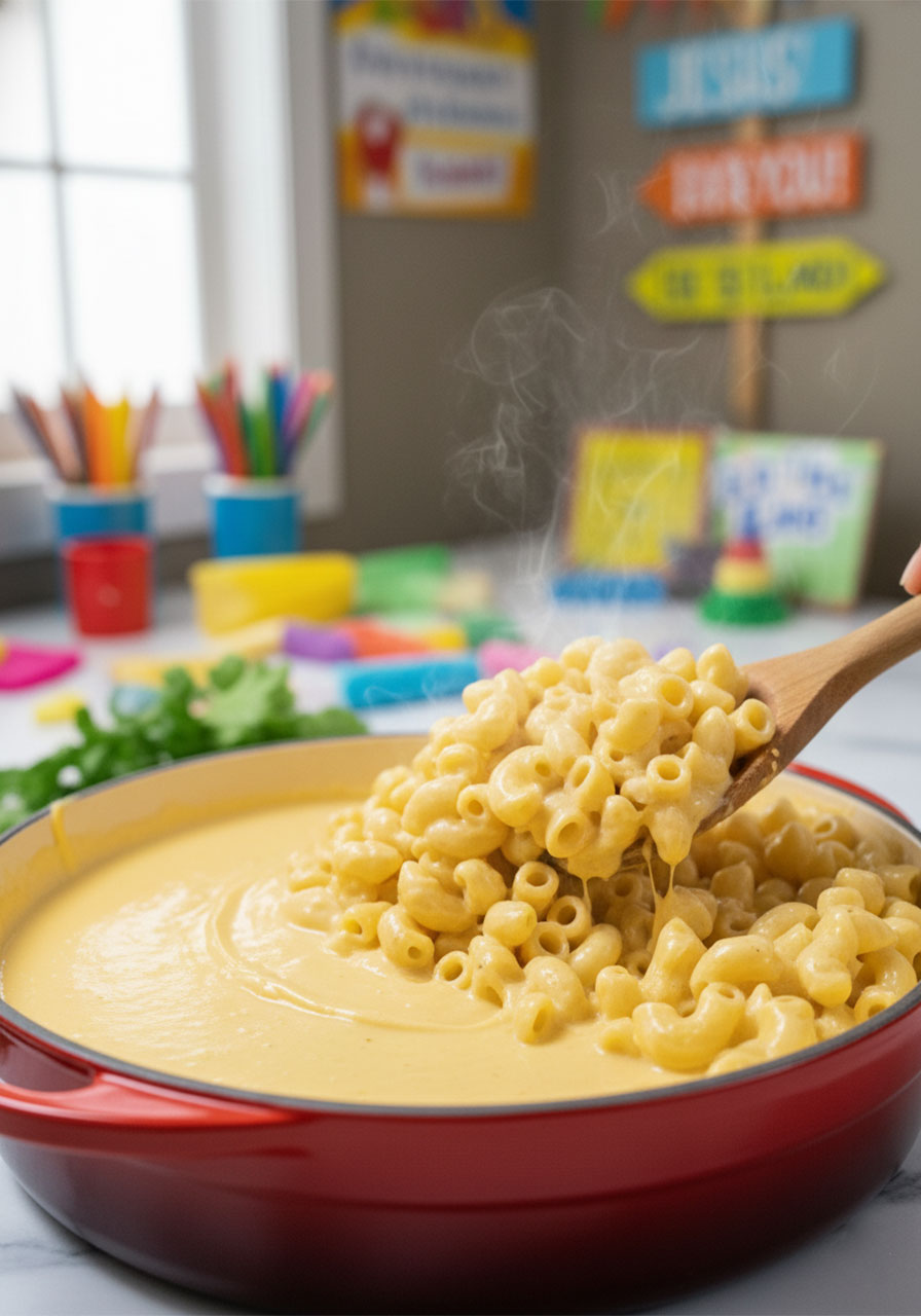 Cooked elbow macaroni being folded into golden vegan cheese sauce in red enamel casserole dish
