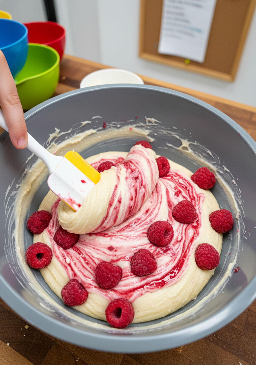 Rubber spatula folding frozen raspberries into pale vegan lemon cookie dough creating pink swirls in a grey mixing bowl