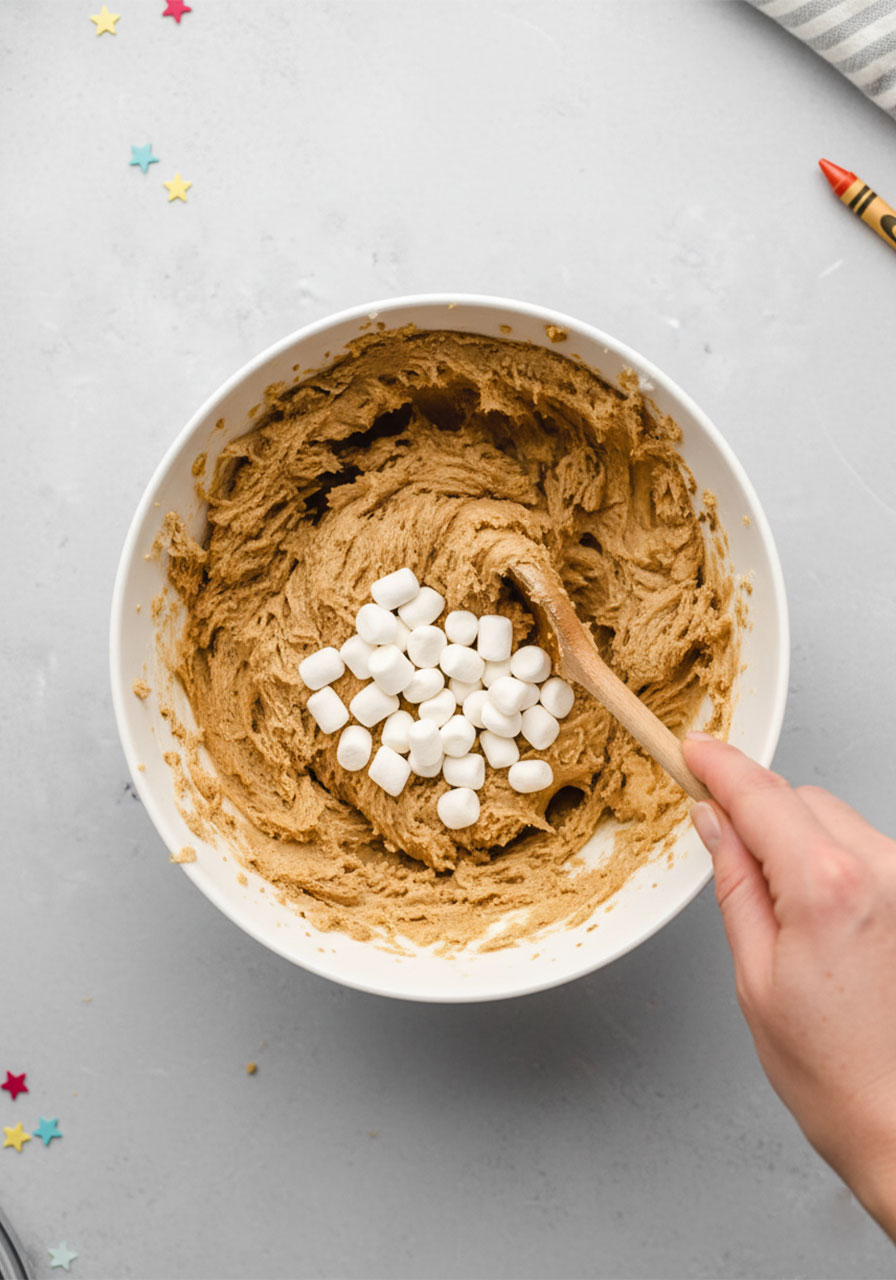 Folding mini vegan marshmallows into peanut butter fluffernutter cookie dough in a white mixing bowl