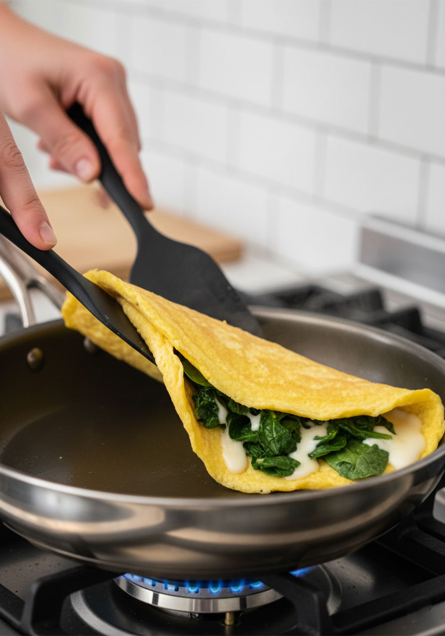 Folding vegan tofu omelette in half using two spatulas revealing spinach and melted cheese filling inside