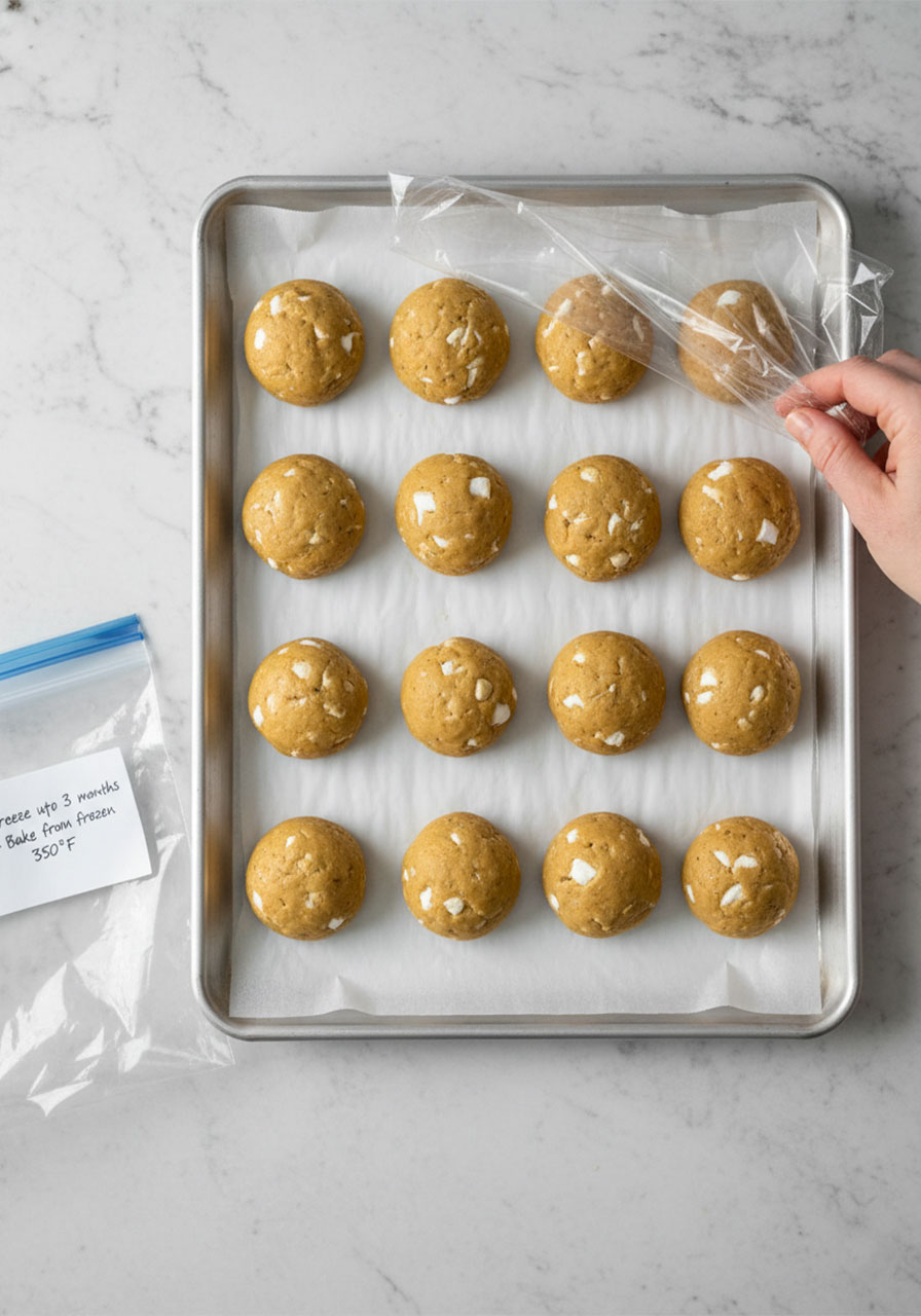 Unbaked vegan fluffernutter cookie dough balls on parchment baking sheet ready to freeze for make-ahead meal prep