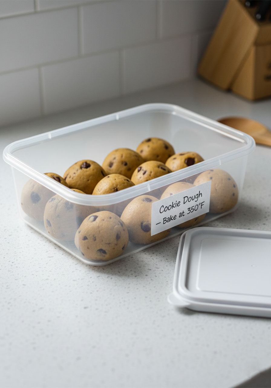 Frozen vegan chocolate chip cookie dough balls in clear freezer container for easy make-ahead dairy-free cookies