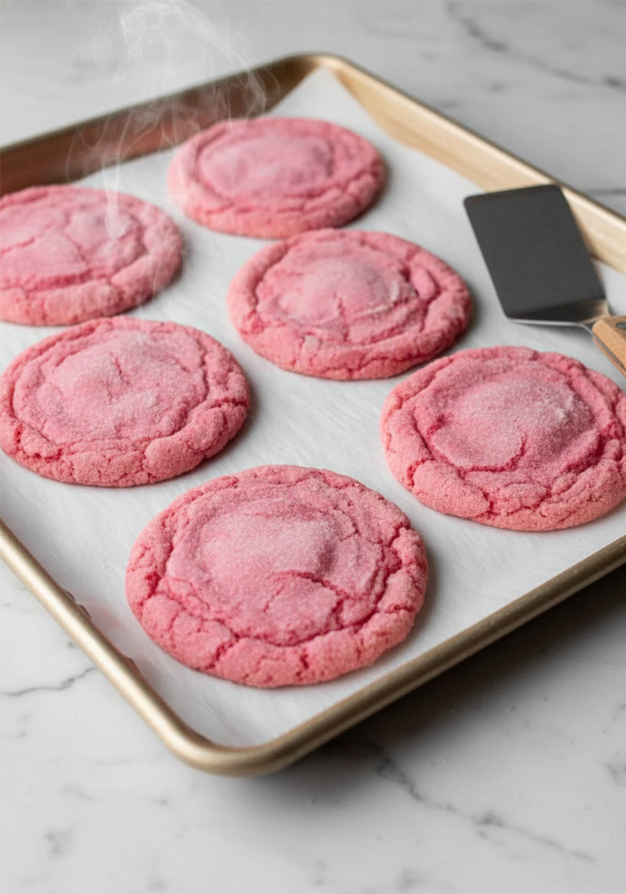Freshly baked gluten free strawberry sugar cookies on parchment paper straight from the oven