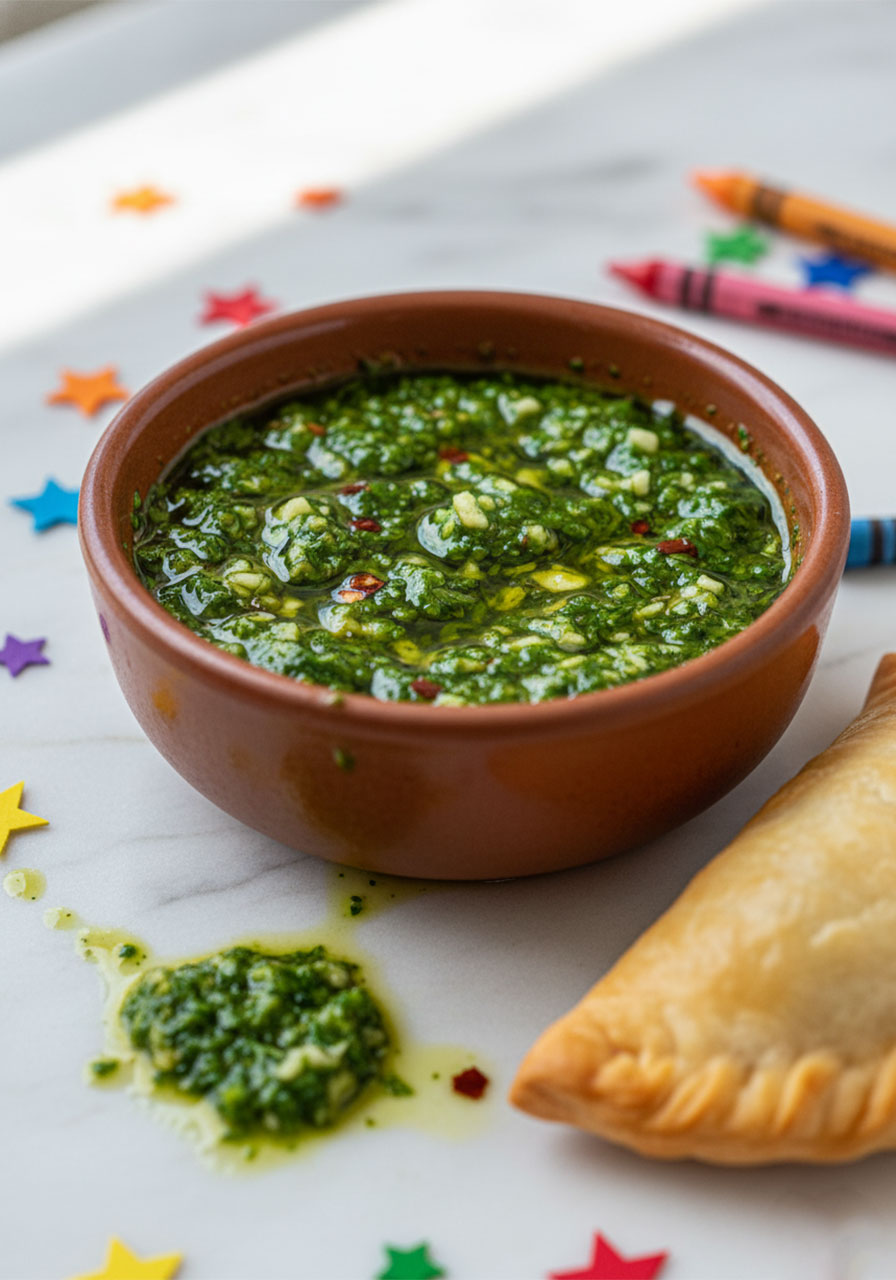Close-up of fresh homemade green chimichurri sauce in a rustic ceramic bowl beside a golden empanada