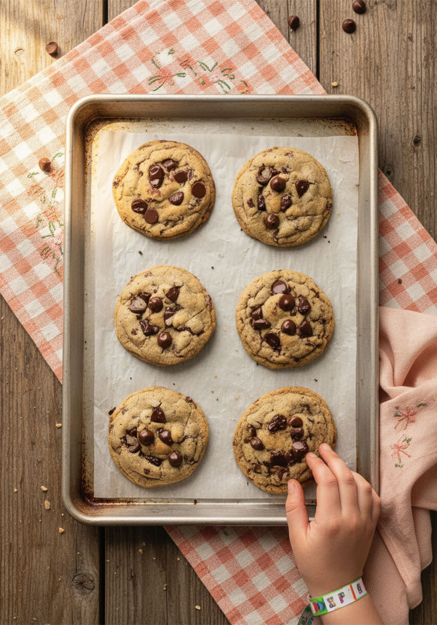 Six freshly baked vegan chocolate chip cookies on silver baking sheet straight out of oven with golden edges and melted dairy-free chocolate