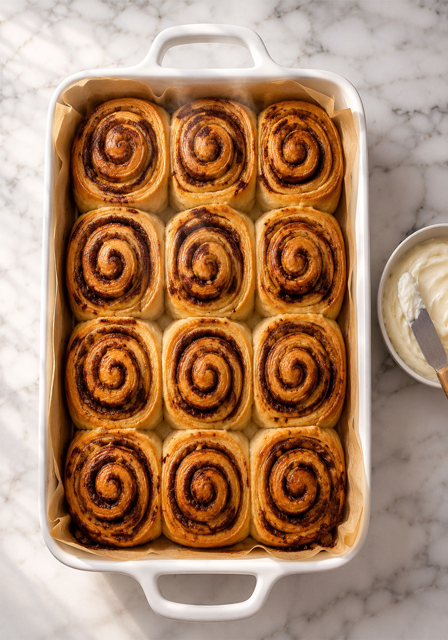 Freshly baked golden-brown vegan cinnamon rolls straight from the oven before icing