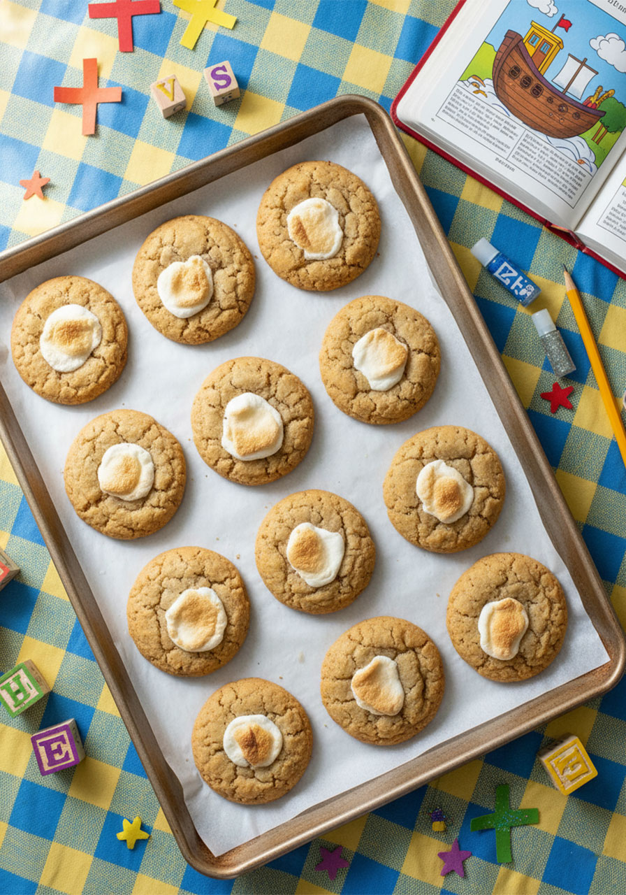 Freshly baked vegan fluffernutter peanut butter marshmallow cookies on parchment paper baking sheet cooling after oven