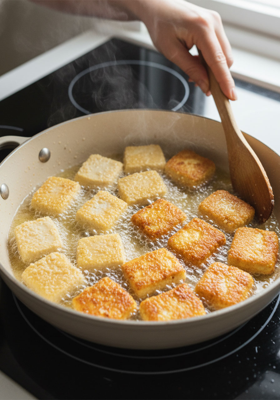 Crispy tofu nuggets frying in a skillet with bubbling oil, golden brown on the outside for vegan orange tofu recipe