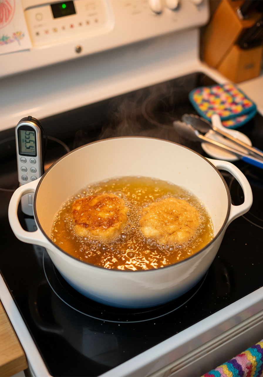 Vegan apple fritters frying in bubbling oil at 375°F in a dutch oven pot
