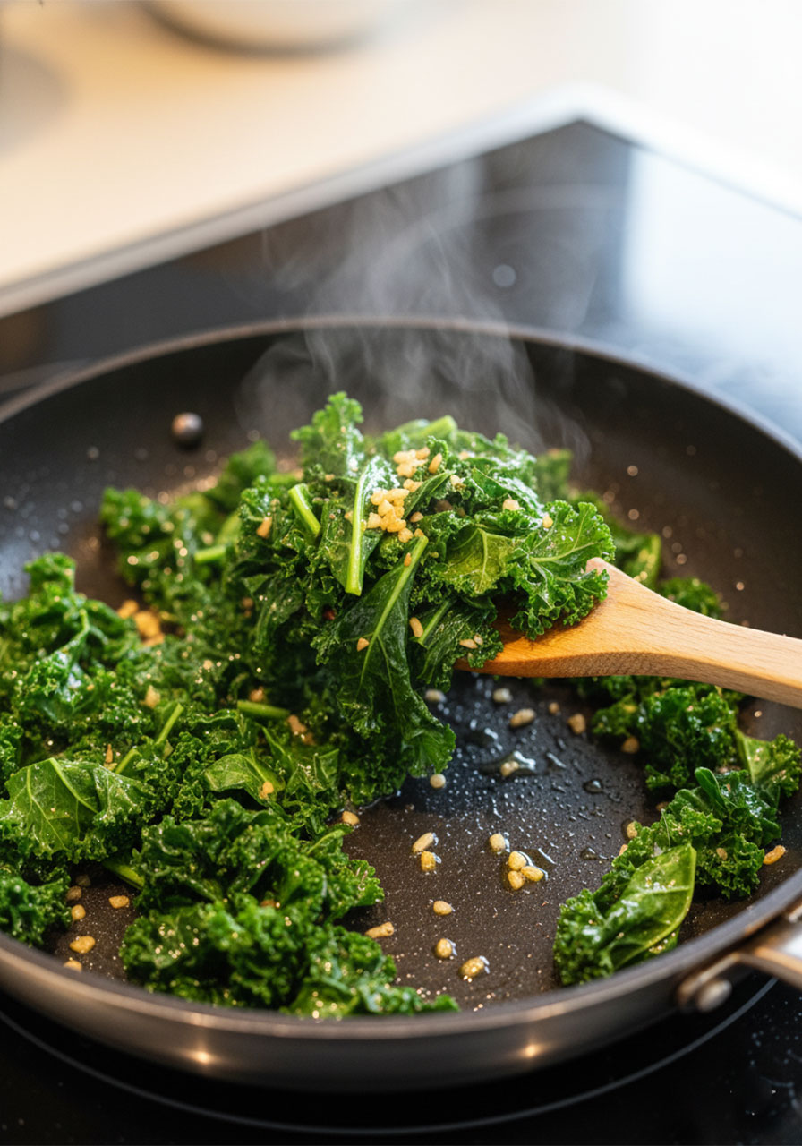 Garlicky kale sautéing in olive oil in a skillet for a healthy vegan Buddha bowl