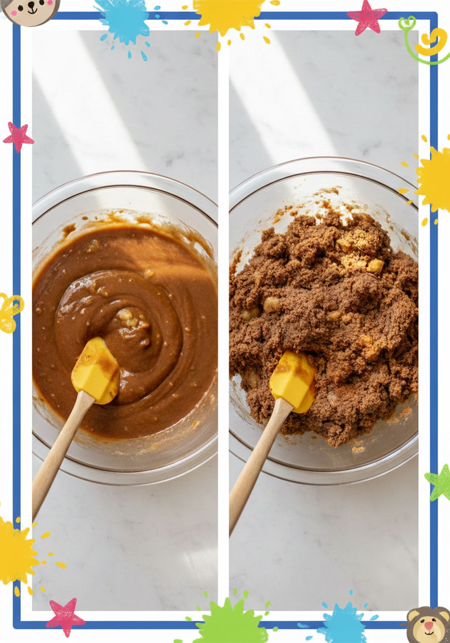 Step by step process of mixing wet ingredients and forming gluten free banana bread cookie dough in a glass bowl