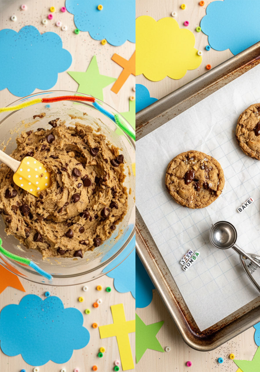 Scooping gluten free banana bread cookie dough onto a parchment-lined baking sheet with a medium cookie scoop