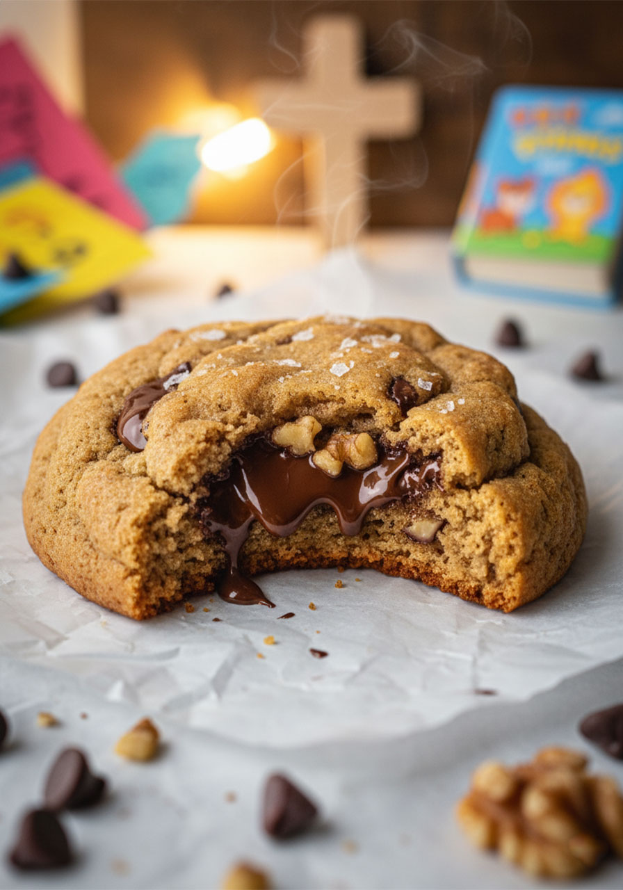 Close up of gluten free banana bread cookie with gooey melted dark chocolate center and flaky sea salt on top