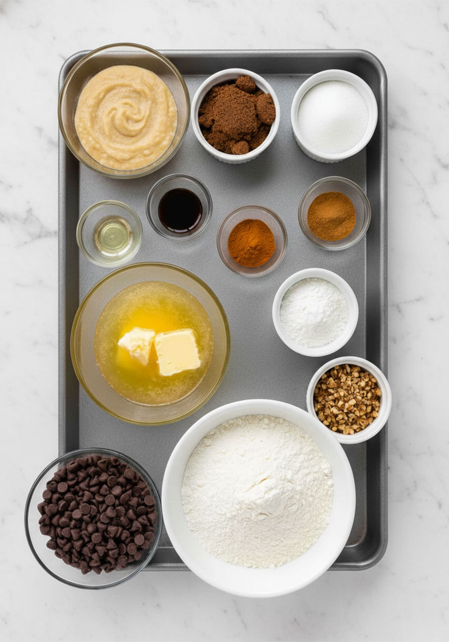 All ingredients for gluten free banana bread cookies including ripe banana, brown sugar, gluten free flour, chocolate chips, and walnuts measured in bowls