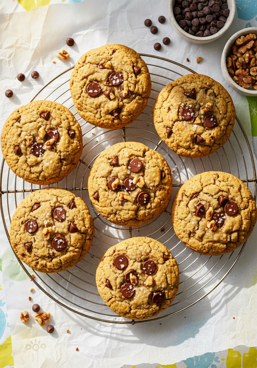 Gluten free banana bread cookies with chocolate chips and walnuts cooling on a wire rack