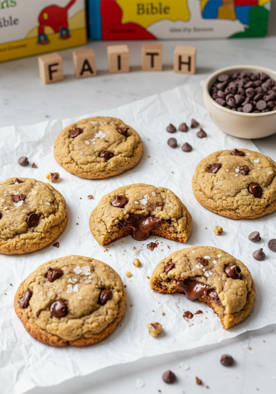 Gluten free banana bread cookies with chocolate chips walnuts and sea salt on parchment paper — vegan and ready in 30 minutes