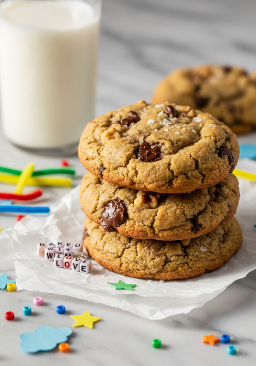 Stack of three gluten free banana bread cookies with chocolate chips and sea salt beside a glass of milk
