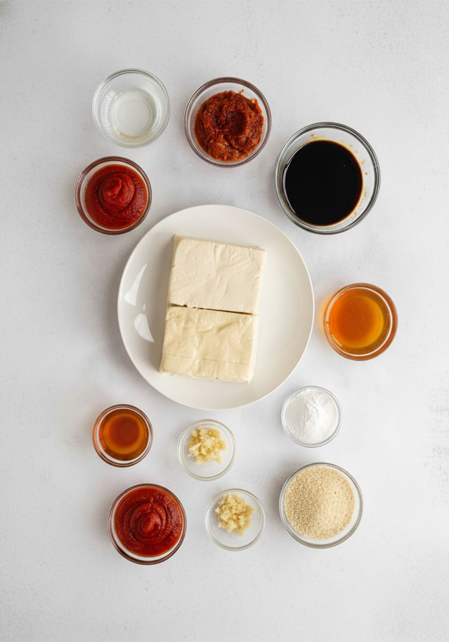 All ingredients for crispy gochujang Korean tofu recipe laid out flat including tofu, gochujang paste, soy sauce, honey, sesame oil and breadcrumbs