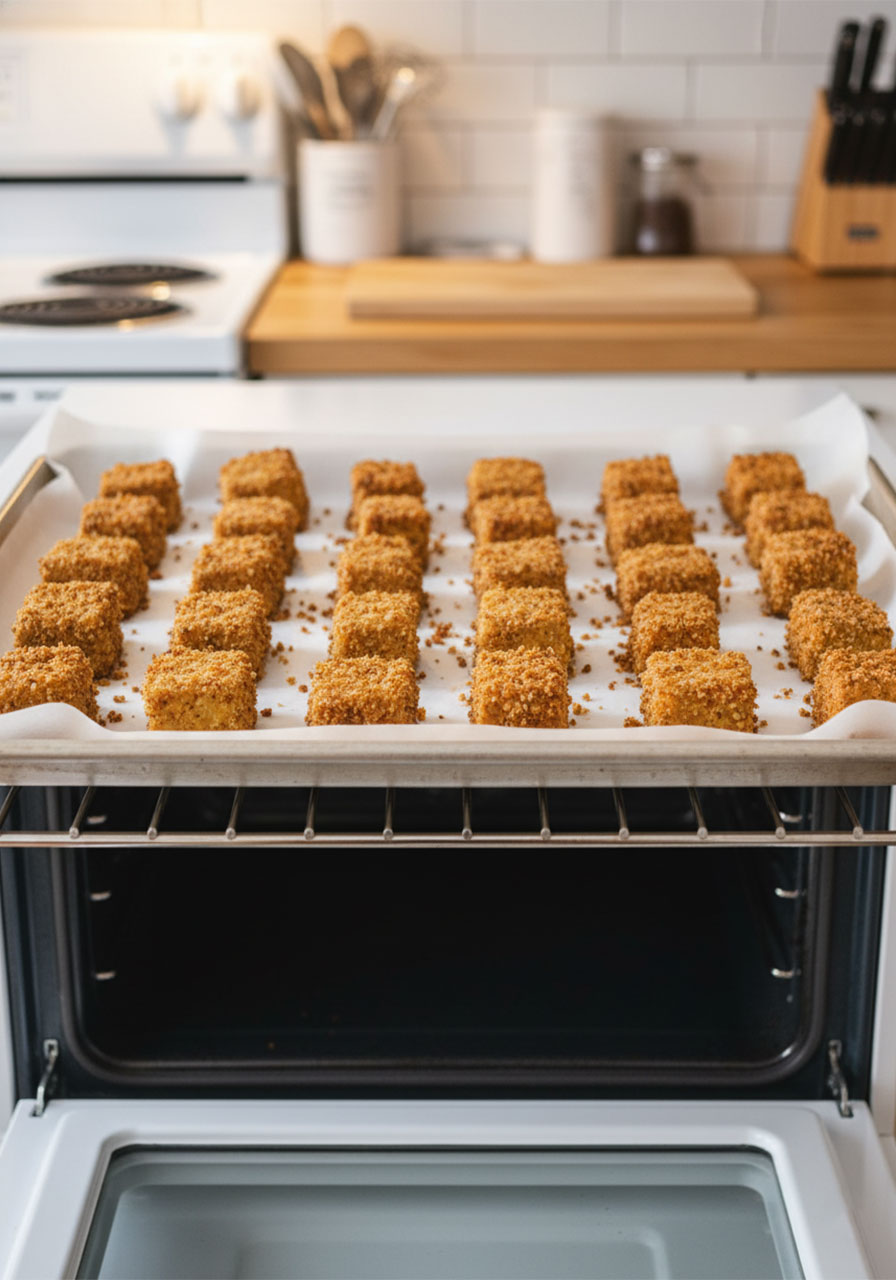 Breadcrumb-coated tofu cubes spread evenly on a parchment-lined baking sheet ready to bake at 400 degrees for crispy results