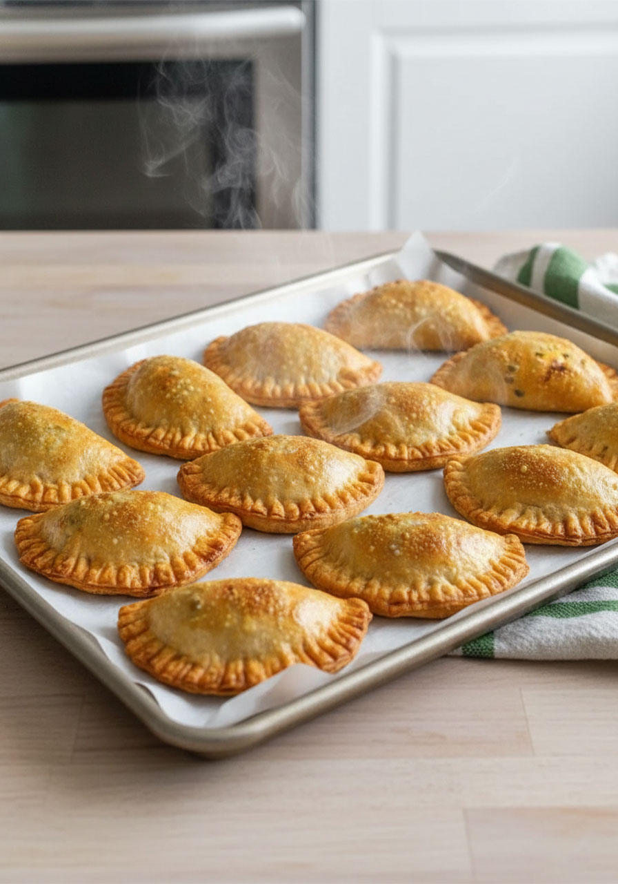 Ten golden baked vegan lentil empanadas with crimped edges fresh out of the oven on a parchment-lined baking sheet