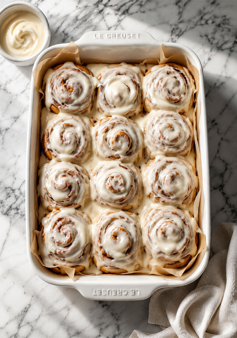 Gooey vegan cinnamon rolls in a white baking dish covered in creamy dairy-free vanilla icing