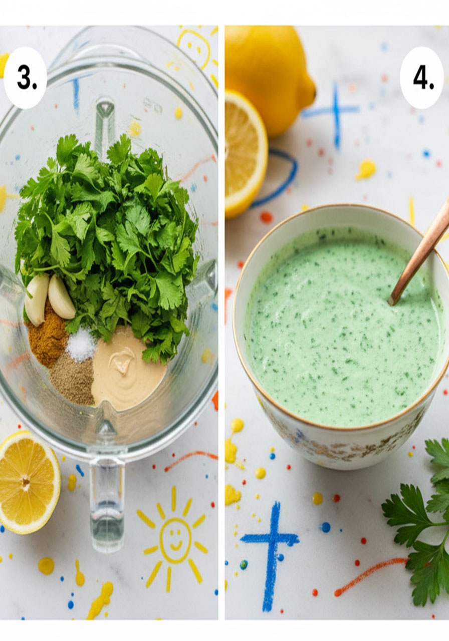 Step-by-step green tahini sauce preparation showing fresh herbs in blender and finished creamy sauce