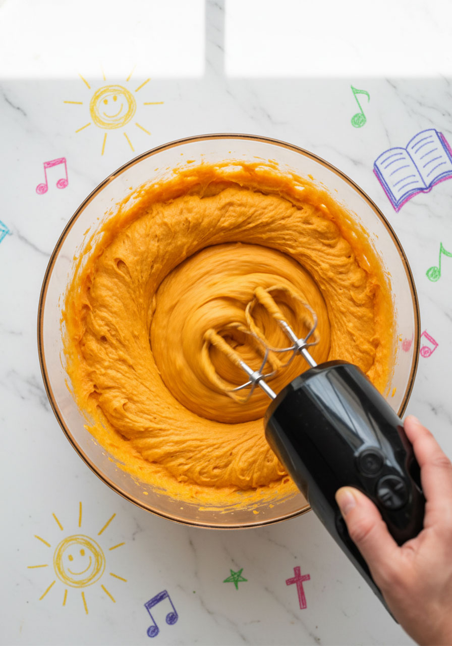 Electric hand mixer blending roasted sweet potato into a fluffy, creamy orange puree for a vegan grain free breakfast bowl