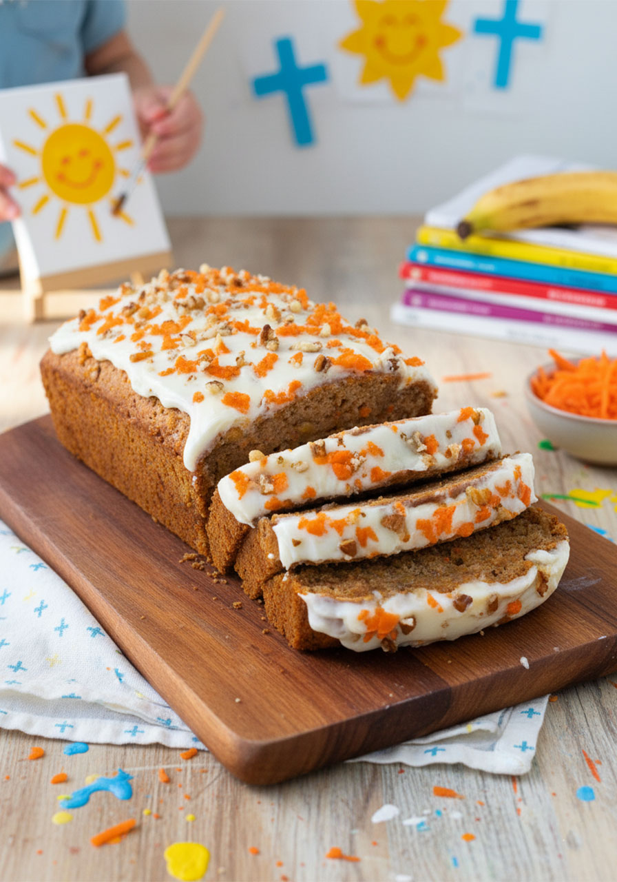 Sliced healthy carrot cake banana bread with vegan cream cheese frosting, garnished with shredded carrot and walnuts on a wooden cutting board