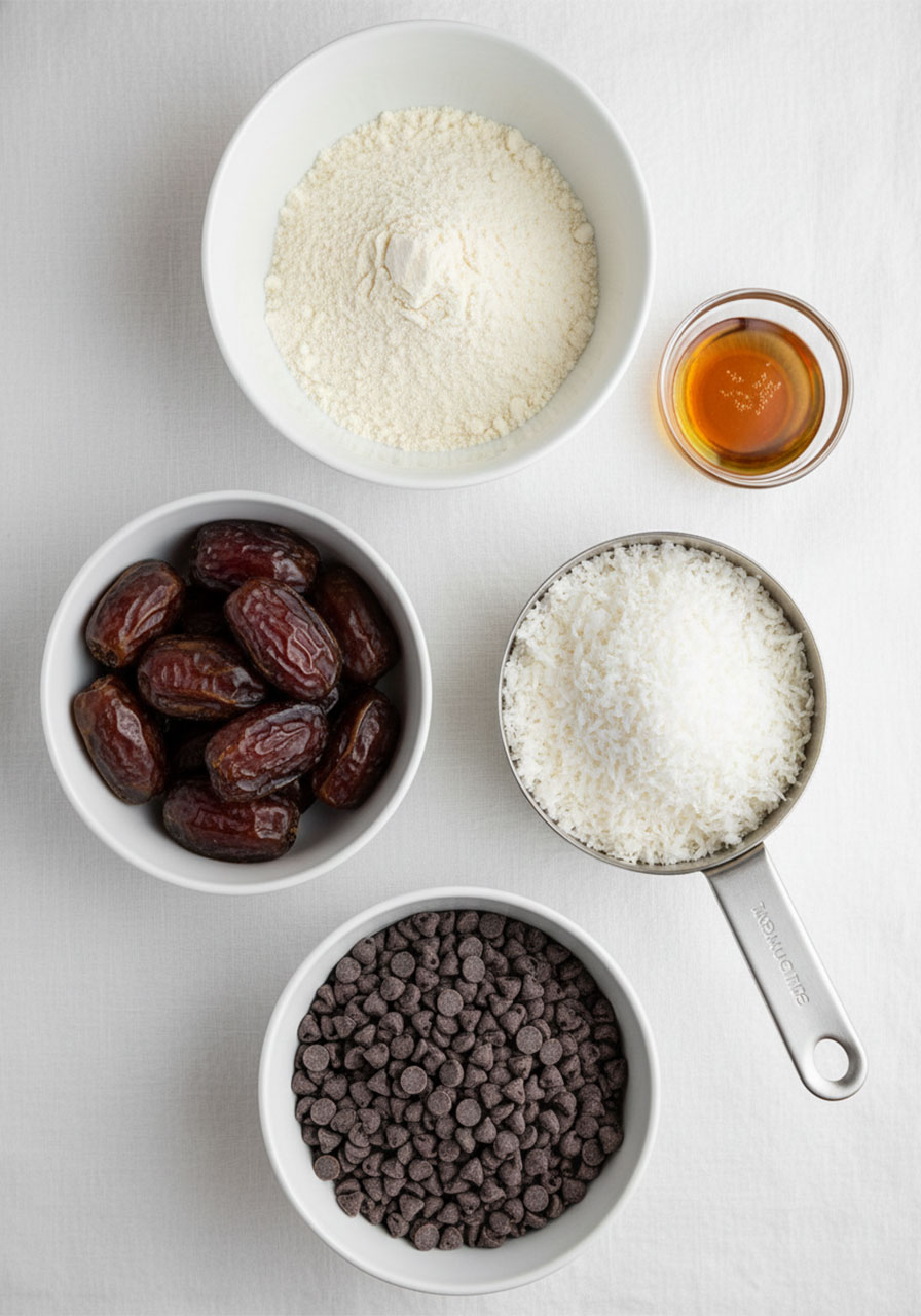 Five wholesome ingredients for healthy vegan Samoa cookies: almond flour, maple syrup, medjool dates, shredded coconut, and dark chocolate chips