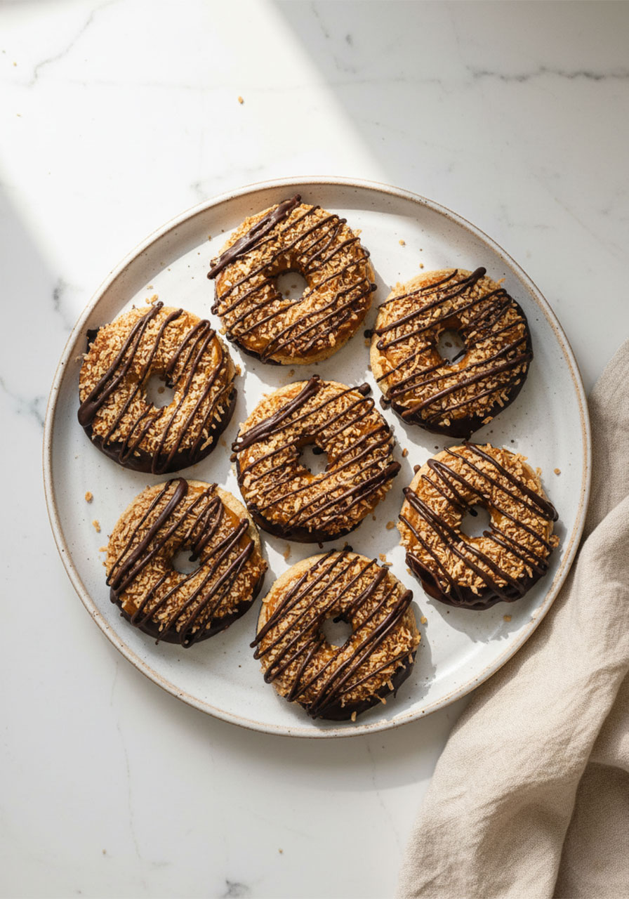 Healthy homemade Samoa cookies vegan gluten-free on white plate with toasted coconut and dark chocolate drizzle