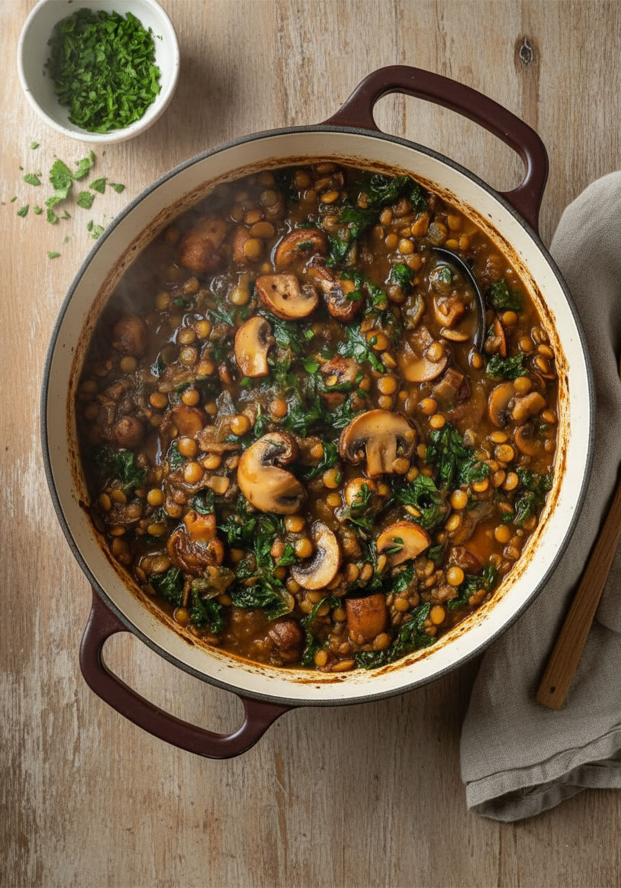 Hearty vegan lentil mushroom stew in a cream Dutch oven topped with fresh thyme and parsley