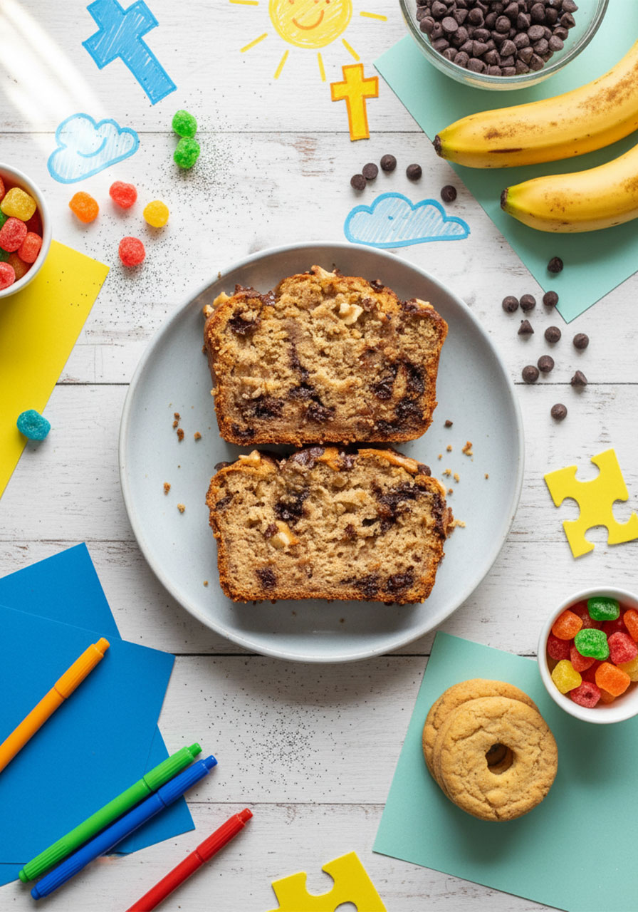 Two moist slices of chocolate chip banana bread with gooey chocolate and walnuts on a gray plate
