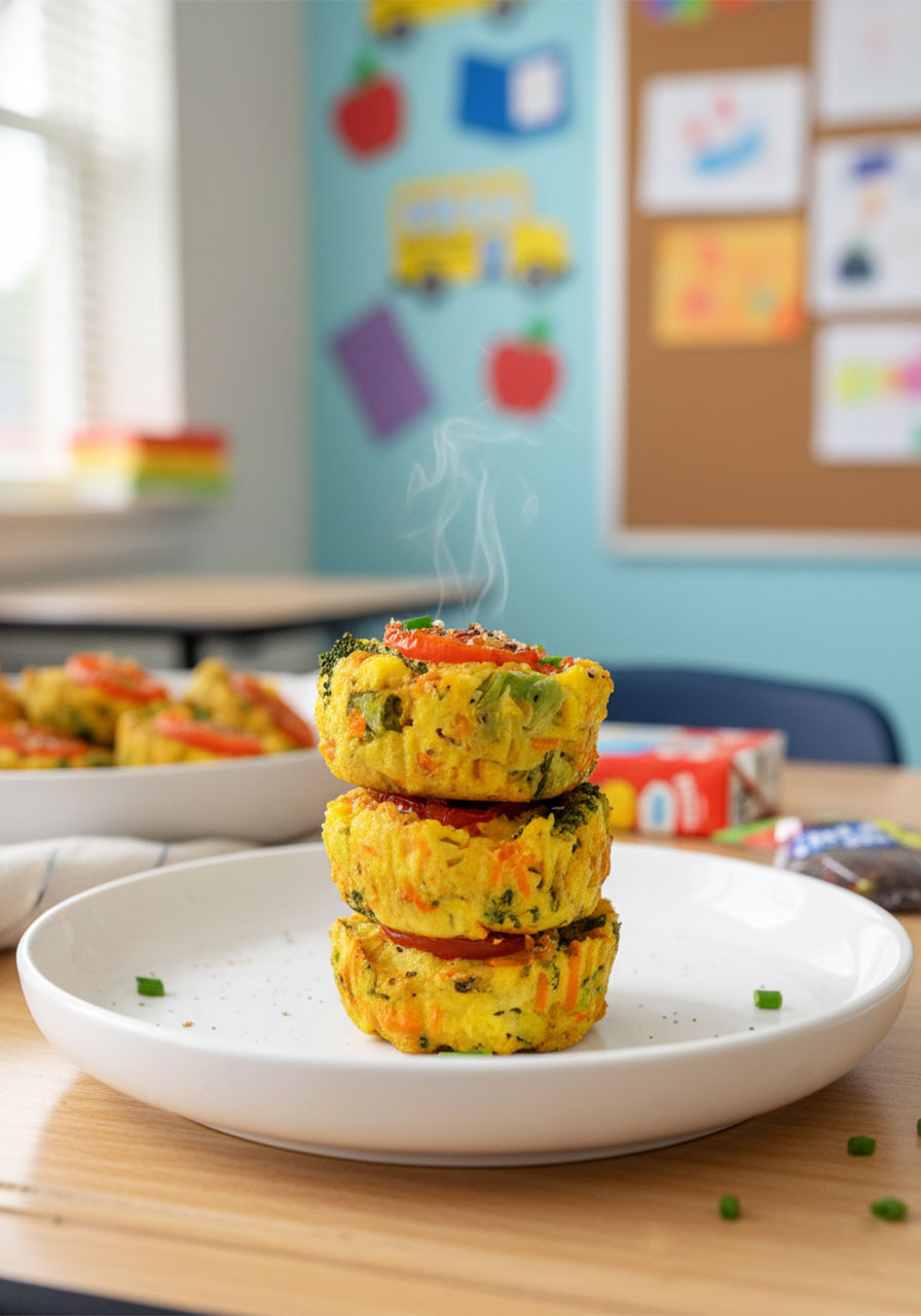 Three stacked high protein vegan egg bites with broccoli and tomato topping on a white plate